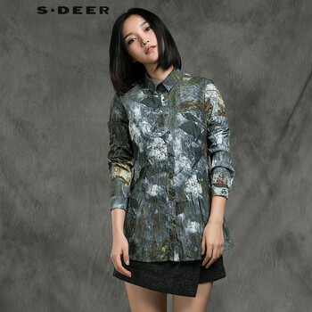 圣迪奥 sdeer 2015冬装新款女装写意抽象水墨印花长袖衬衫S15480527 灰钻蓝/74 S
