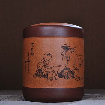 
                                        茗露 宜兴紫砂茶叶罐 茶具 大号手工醒茶罐 普洱罐茶缸11饼罐 茶仓 茶盒 茶叶桶 煮茶图 茶缘 黄罐                