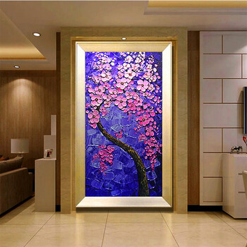 发财树油画玄关装饰画手绘客厅壁画欧式有框走廊墙画竖版立体 红色 80
