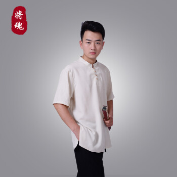 将魂2018夏季新款太极服男士中国风棉麻锦麻短袖t恤男半袖中老年