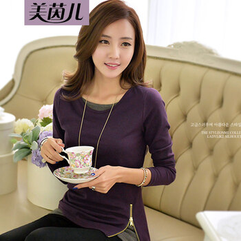 美茵儿2015韩版秋冬长袖t恤女新款大码修身拼接拉链打底衫1009 橘红色 M码