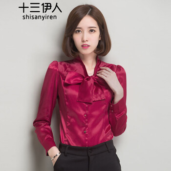 十三伊人长袖衬衫2015秋冬女新款修身职业衬衣雪纺衫女装 酒红色 XL