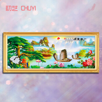 
                                        初艺 新款5D魔方钻石画客厅一帆风顺迎客松大旭日东升2米砖石秀山水钻点钻圆钻粘贴钻十字绣 5D高清油画布魔方圆钻 尺寸200X78cm                