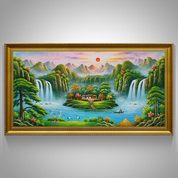 纯手绘油画中式大幅山水画聚宝盆办公室装饰画欧式客厅沙发背景墙风景