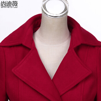 尚迪薇风衣女中长款2015秋冬装新款翻领长袖双排扣修身显瘦韩版女装外套802 酒红色 L
