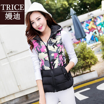 trice2016秋冬新款 羽绒棉外套女 加厚短款修身坎肩背心连帽上衣迷彩马甲女MD868 粉色 L
