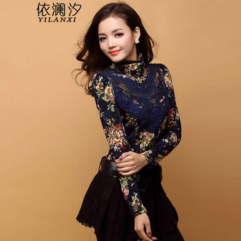 依澜汐　2015秋冬装新款长袖蕾丝衫韩版大码女装t恤小衫打底衫修身上衣潮9137 蓝色 XL(110-120斤)