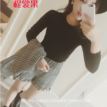 程裳果 2015秋季新款欧美时尚格子流苏双排扣马甲马夹+高腰短裤潮流女装 图片色 M