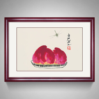 装饰画书房挂画客厅壁画齐白石寿桃国画 b典雅红褐实木框-z 60*80cm
