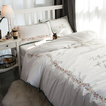 纯色刺绣四件套长绒棉床上用品北欧田园纯棉小清新绣花床单被套 如图