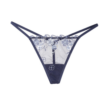 欧美低腰细带丁字裤女性感诱惑蕾丝骚火辣露毛透明情趣t裤 深兰兰花 l