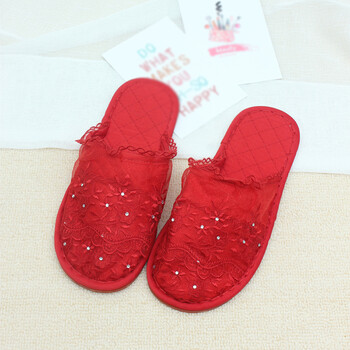 女款红色喜气布艺家居拖鞋女士室内地板无声牛筋底拖鞋yf 水晶之恋