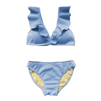 比基尼大深v荷叶边小清新显瘦性感温泉度假泳衣 蓝色泡泡荷叶边两件套