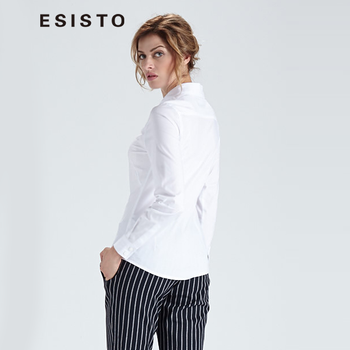 经典衬衫女 ESISTO 欧洲站百搭修身显瘦纯棉长袖翻领白色OL女士衬衣W17 10白色 欧洲码L(中国码XL)