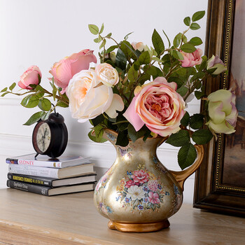 花瓶花艺套装 客厅餐桌茶几花盆仿真花假花家居摆件 配皇室玫瑰6支