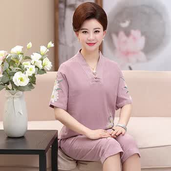 老年春夏季睡衣女女士薄款中老年妈妈纯棉短袖棉麻中年婆婆家居服套装