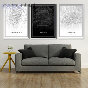 中国黑白城市地图创意抽象线条客厅沙发装饰画京上海 天津 重庆日用