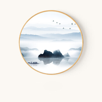 新中式装饰画水墨山水风景圆形画实木框玄关走廊过道茶楼会所挂画 20