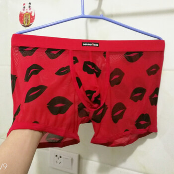 内裤男蕾丝超薄冰丝低腰网纱性感情趣夏季全透网眼男士平角裤 口红