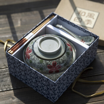 和风四季釉下彩泡面碗陶瓷碗日式手绘餐具家用面碗大盖碗个性汤碗蒸碗甜品碗 6.5英寸红花盖碗礼盒(三件套)
