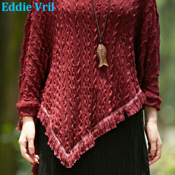 EddieVril 秋季新款名族风斗篷披肩 森女棉麻不规则个性文艺蝙蝠衫外套女 酒红色 均码