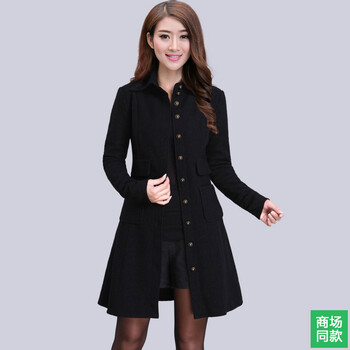 秋冬新款2015女装哥弟款修身POLO领长袖单排扣纯色羊毛风衣女阿玛施简约口袋百搭休闲外套 黑色 3码/M
