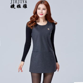 婕姬雅2015冬款时尚毛呢针织拼接长袖圆领打底连衣裙女冬款中长款 简约修知显瘦 灰色 M