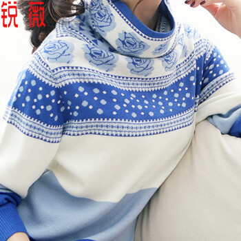 锐薇2016春季新款毛衣女保暖堆堆领花朵高领打底针织衫女W207 蓝色 L