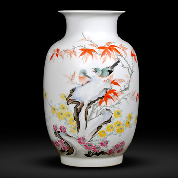景德镇陶瓷器 大师手绘粉彩花瓶插花 中式客厅家居装饰工艺品摆件