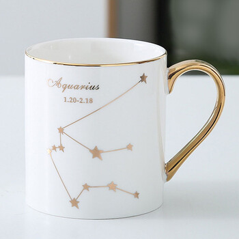 巢品十二星座马克杯陶瓷杯子咖啡杯金色手柄水杯 水瓶座(1.20-2.18)白