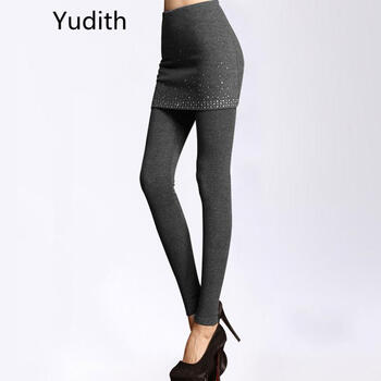 Yudith2015秋冬大码假两件包臀贴钻大摆假两件纯色打底裤女 8852菱形钻石深灰 均码