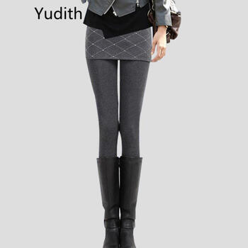 Yudith2015秋冬大码假两件包臀贴钻大摆假两件纯色打底裤女 8852菱形钻石深灰 均码