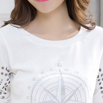 晴颜芊 2015秋冬季韩版宽松时尚印花圆领长袖T恤 女 8027 白色 XL