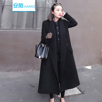 安陌ANMO 2015冬装新款韩版过膝毛呢外套女修身呢子大衣中长款毛呢大衣连腰带 9051红色 S