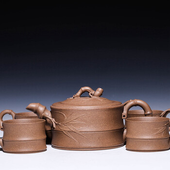 万新茶庄 宜兴紫砂壶 工艺师沈锡芬制 【竹段套壶】 (660cc) 整套