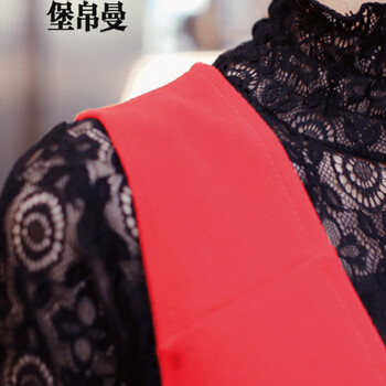 堡帛曼2016春冬新款钩花长袖蕾丝+毛呢背心裙连衣裙女两件套2131 红 色 S