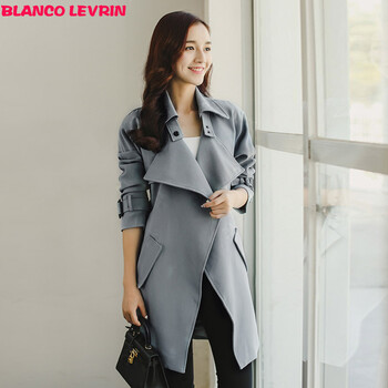 BLANCO LEVRIN2015秋装上新韩版修身中长款系带风衣外套女1950 灰蓝色 M