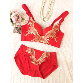 年新娘结婚大红刺绣无钢圈女内衣本命年文胸官方旗舰店 红色【套装】