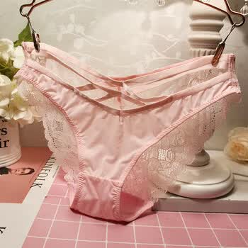 粉色少女系 欧美蕾丝透明舒适冰丝网纱内裤女 性感三角裤纯棉档 白色