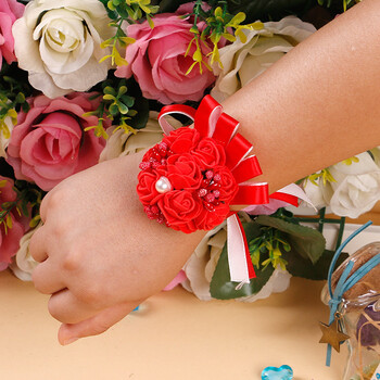花新娘伴娘用品婚庆绑带舞蹈装饰仿真韩式姐妹团手环花 红色手腕花