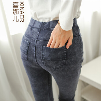 外穿打底裤女秋冬新款加绒加厚大码仿牛仔水洗小脚休闲裤 黑色 XL