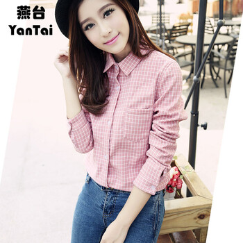 燕台/YanTai 2015秋冬新款休闲韩版宽松女打底衬衣修身加厚加绒格子女衬衫 红色 L