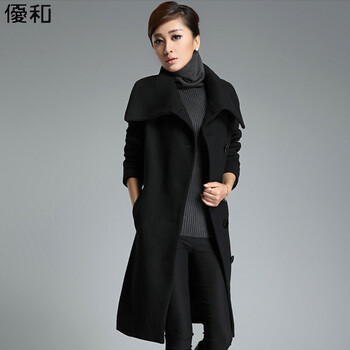 
                                        优和 2015春季装毛呢外套女长袖羊毛呢大衣女 MN008 黑色 L                