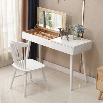北欧实木梳妆台现代简约书桌两用多功能小户型日式橡木化妆桌子 象牙