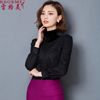 雷格美 2016秋冬季新款蕾丝衫女秋加绒加厚高领打底衫女时尚修身上衣女 黑色 L