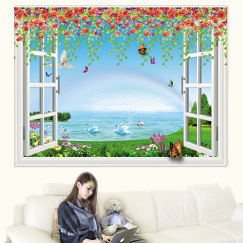 
                                        亿贴自粘墙贴假窗贴画客厅餐厅玄关过道楼道装饰画电视背景墙自粘墙贴纸大学生宿舍 3d假窗风景画壁纸壁画 鸳鸯天鹅湖风景画125*80cm                