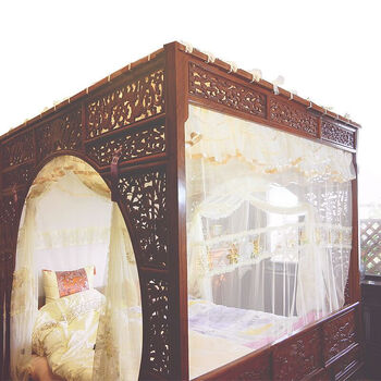 中式古典明清双月洞架子床蚊帐仿古床新中式架子柱子床结婚床幔 牡丹