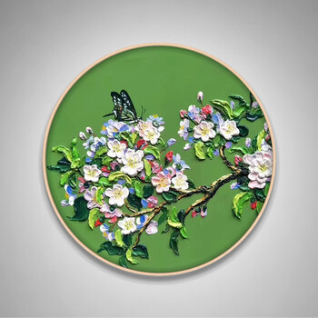 现代简约圆形纯手绘油画卧室玄关餐厅客厅装饰画新中式花卉挂壁画