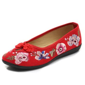 女士老北京布鞋秀花鞋红色橡胶软底舒适套脚优雅盘扣百搭民族风绣花