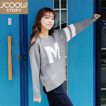jcoolstory韩国2015秋冬新款M字母圆领宽松套头毛衣韩版女外套 灰色 均码